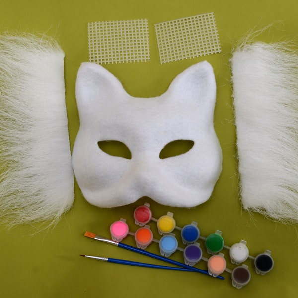 Kit de masque de chat therian avec peintures acryliques, masque en papier feutré DIY avec maille en fausse fourrure pour les yeux, équipement de renard chat therian, masque de chat therian Premade