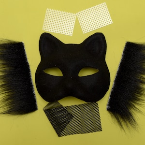 テリアンの猫マスクキット、目にフェイクファーメッシュを使用した DIY フェルト紙マスク、テリアンの猫キツネギア、目のメッシュ付き黒フェルトマスク黒ファー