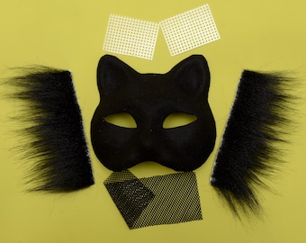 Zestaw do wykonania maski Therian Black Cat: gotowa maska z filcu z papieru ze sztucznym futrem