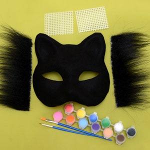 アクリル絵の具を使った黒いテリアン猫マスクキット、目にフェイクファーメッシュを使った DIY フェルト紙マスク、テリアンのギア、既製のテリアン猫マスク