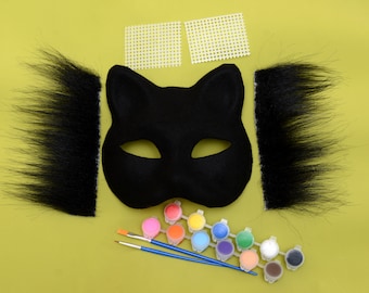 DIY Therian Cat Mask Kit: Black Felt, Faux Fur, Acrylic Paints