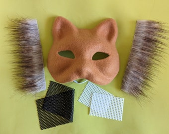 Zestaw do samodzielnego wykonania maski z brązowego filcu Therian Cat, sztuczne futro, siateczka na oczy, papierowa maska DIY
