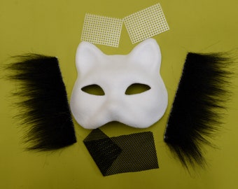 DIY Therian Cat Mask Kit, Premade Felted Mask with Faux Fur, Mesh Eyes