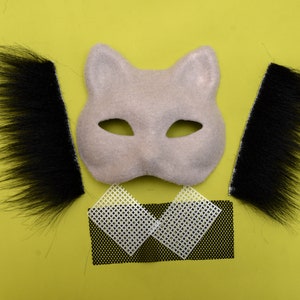 Gray Therian cat mask kit, DIY felted paper mask with black faux fur mesh for eyes, therians cat fox gear, Create your own therian cat mask!