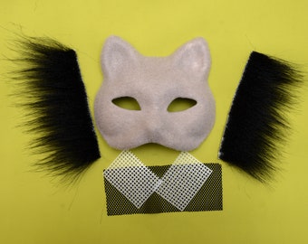 Gray Therian Cat Mask Kit, DIY Felted Paper Mask, Black Faux Fur