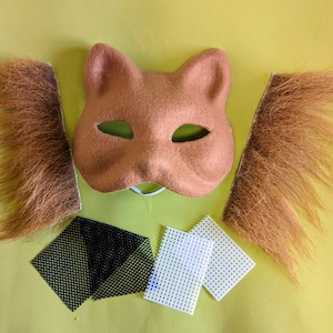 Brown Therian Cat Mask DIY Kit, Feline Cosplay Craft Set with Faux Fur & Mesh – Make Your Own Costume Mask for Fursuit, Roleplay, Halloween
