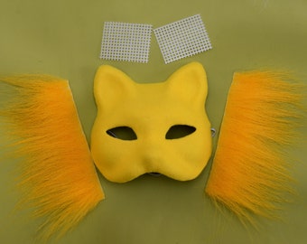 Yellow Therian Cat Mask Kit: DIY premade Felt Mask with Faux Fur and mesh