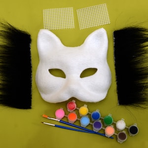 Therian cat mask kit with acrilic paints, DIY felted paper mask with faux fur mesh for eyes, therians cat fox gear, Premade therian cat mask