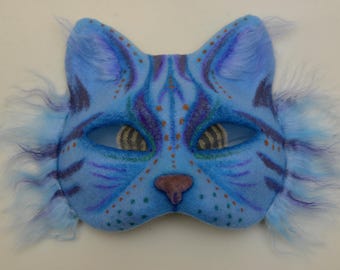 Handmade Blue Faux Fur Cat Mask – Fantasy Costume, Cosplay, Hand-Painted Cat Face headwear