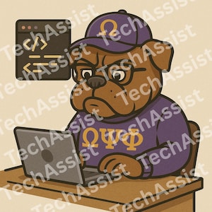 Op de afbeelding: Illustratie van een bulldog met een bril, een paarse pet en een paarse trui met gouden Griekse letters. De bulldog zit aan een bureau en werkt op een laptop. Een codeervenster staat op de achtergrond.