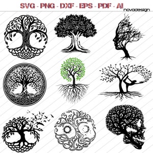 Puede incluir: Una colección de diseños digitales con temática de árboles en blanco y negro, con uno en verde. Los diseños incluyen nudos celtas, un árbol con una cara y un árbol con forma de calavera. La parte superior de la imagen incluye el texto "SVG - PNG - DXF - EPS - PDF - AI".
