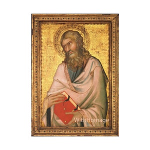 Può includere: Icona religiosa raffigurante un uomo con un'aureola, che tiene in mano un libro rosso. L'uomo ha una lunga barba e indossa una veste bianca. Lo sfondo è dorato e la cornice è ornata.