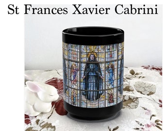 Mok moeder Cabrini, glas-in-loodkunst, christelijk cadeau