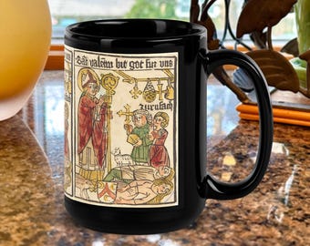 Mok Sint-Valentijn, zwarte glanzende mok met Duitse houtsnede