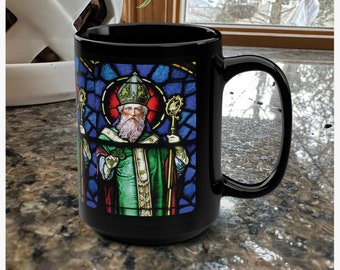 St. Patrick's Day Black Mug, Stained Glass Image, 15oz