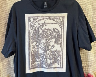 T-shirt Michael the Archangel, blokprint Albrecht Durer, Gildan Softstyle, maat L