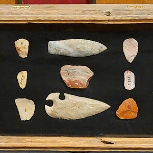 May include: A rectangular wooden display case with a black interior containing eight assorted stone arrowheads and lithic artifacts. The items vary in color from tan, grey, and orange to reddish-brown, with some pieces featuring handwritten identification codes.