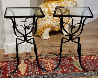 1960s MCM Wrought Iron Ivy Leaf Side Tables, Pair, Indoor/Outdoor Plant Stands