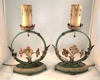 Very Rare Pair of 1920s Moe Bridges Art Nouveau Floral Design Boudoir Lamps