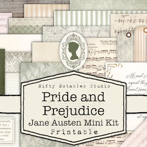 Puede incluir: Un kit digital imprimible para proyectos de manualidades con un diseño verde y blanco con el texto "Pride and Prejudice" y "Jane Austen Mini Kit Printable".
