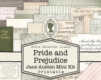 Può includere: Un kit digitale stampabile per progetti di artigianato con un design verde e bianco con il testo "Pride and Prejudice" e "Jane Austen Mini Kit Printable".