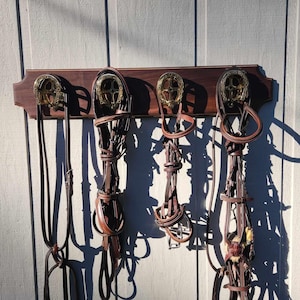 Handmade Wooden Bridle Rack with Pine Highlight – Wall Mounted Tack Rack with 4 Solid Brass Hooks, Equestrian Gift, Equestrian Horse Decor