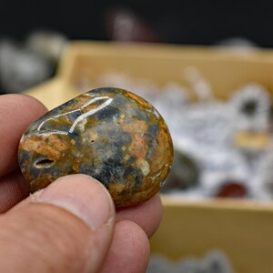 May include: A polished, oval-shaped stone with a mix of colors including brown, gray, and tan. The stone has a smooth, glossy surface and appears to be a natural gemstone or mineral. The stone is held in a hand, with other similar stones in the background.