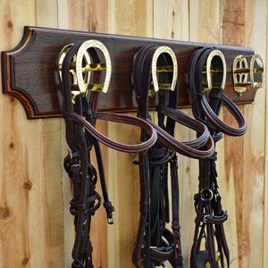 Handmade Walnut Bridle Rack: Brass Hooks, Pine Highlight, Equestrian Decor