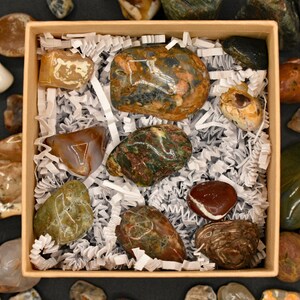 May include: A collection of polished stones in a square, light brown box filled with white paper shreds. The stones vary in color, including brown, green, and red, with unique patterns and textures. The box is presented on a dark surface, with additional stones scattered around.