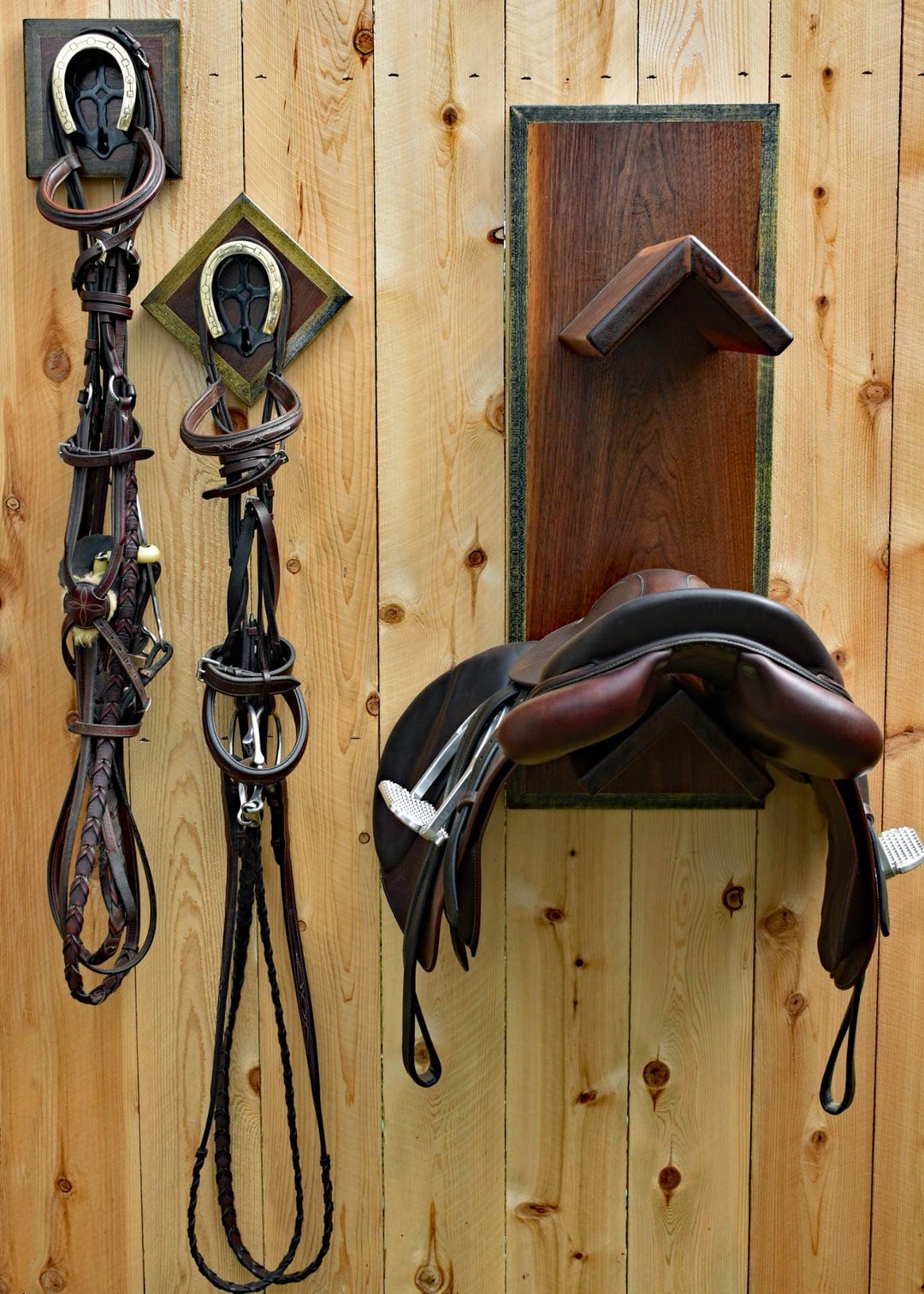 Wooden Hanging Saddle Rack - Walnut and Stained Poplar Hardwoods, Wall ...