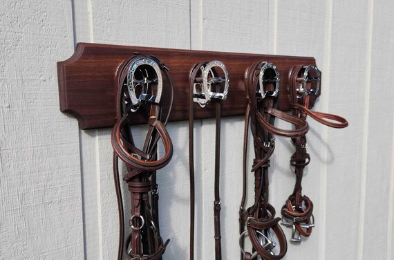 Handmade Walnut Wooden Bridle Rack – Equestrian Decor Tack Organizer with Brass Hooks