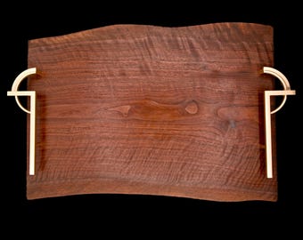 Art deco vleeswarenplank – walnoot met messing handgrepen – uniek