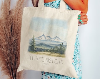 Three Sisters Tote Bag - Cute Scenic Oregon Bag - Gift for Her, Mom, Friend | Cotton Canvas Bag - Beach Bag - Wedding Tote Bag
