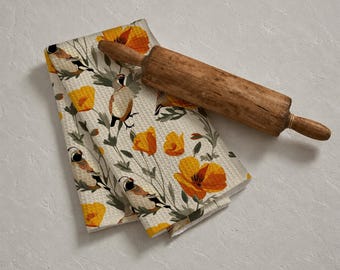 California Kitchen Towel | California Poppy and California Quail | Bird & Bloom Collection | Vintage Nature Home Decor