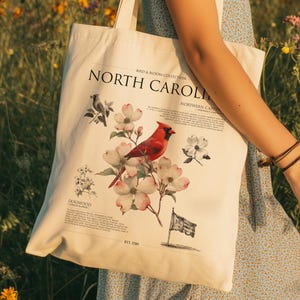 North Carolina Tote Bag | Dogwood and Northern Cardinal | Bird & Bloom Collection | State Bird and Flower Nature Gift image 1