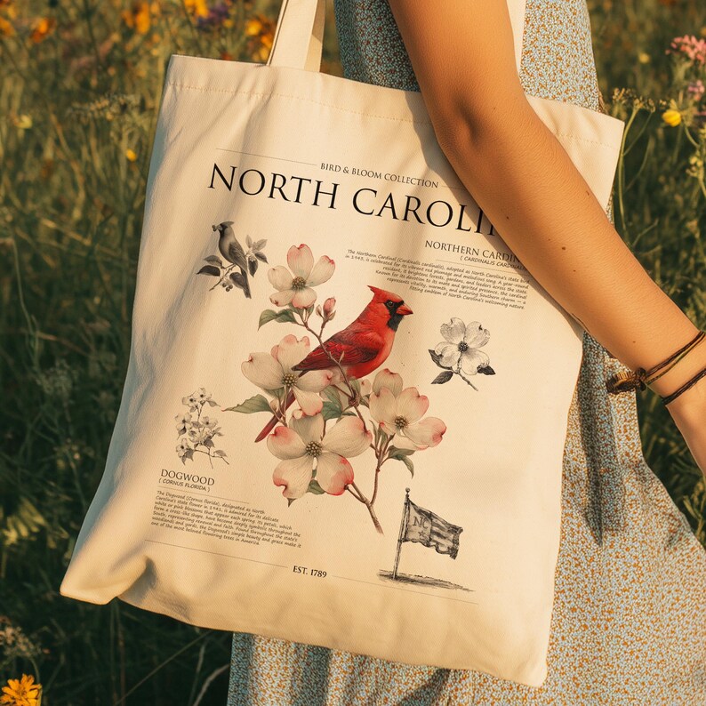 North Carolina Tote Bag | Dogwood and Northern Cardinal | Bird & Bloom Collection | State Bird and Flower Nature Gift image 1