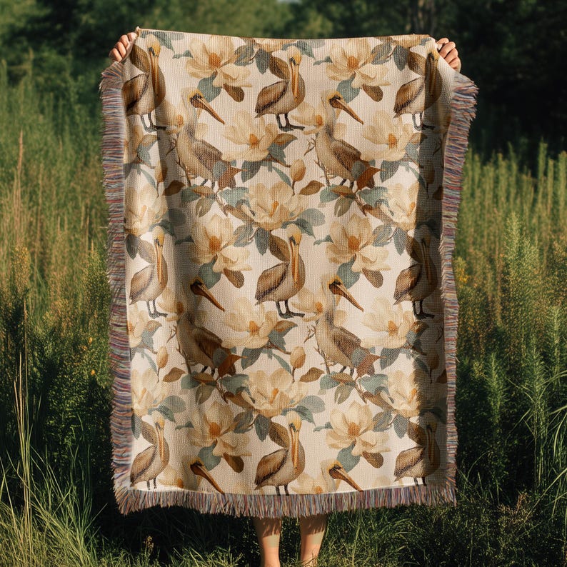 Louisiana Woven Blanket – Magnolia & Pelican | Bird and Bloom Collection | Soft Cozy Vintage Cotton Throw, Tapestry, Nature Home Decor