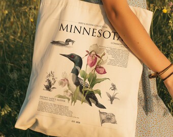 Minnesota Tote Bag | Lady's Slipper and Common Loon | Bird & Bloom Collection | State Bird and Flower Nature Gift