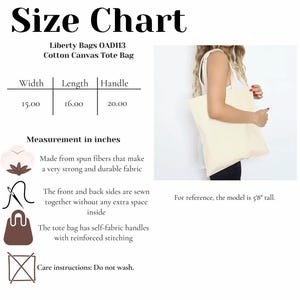 May include: Cream-colored cotton canvas tote bag with self-fabric handles. The size chart shows the bag's dimensions: 15 inches wide, 16 inches long, and a 20-inch handle. The bag is made from spun fibers and has reinforced stitching. Care instructions: Do not wash.
