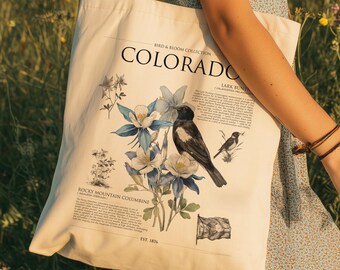 Colorado Tote Bag | Rocky Mountain Columbine and Lark Bunting | Bird & Bloom Collection | State Bird and Flower Nature Gift
