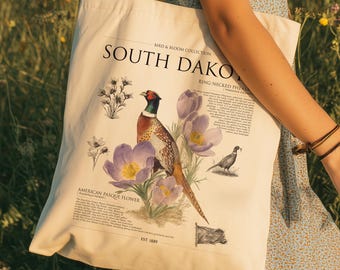 South Dakota Tote Bag | Pasque Flower and Ring-necked Pheasant | Bird & Bloom Collection | State Bird and Flower Nature Gift