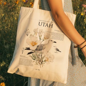 Utah Tote Bag | Sego Lily State Flower & California Gull State Bird | Reusable Canvas Tote Bag, Eco Friendly Nature Gift