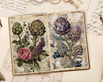 Botanical Junk Journal Pages Vintage Printable, Floral Art Digital Download, Aesthetic Scrapbook Ephemera, Antique Distressed Paper Crafts