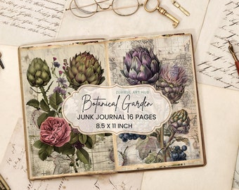 Botanical Junk Journal Pages Vintage Printable, Floral Art Digital Download, Aesthetic Scrapbook Ephemera, Antique Distressed Paper Crafts