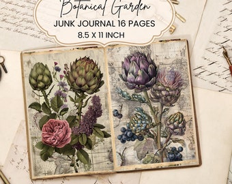 Botanical Junk Journal Pages Vintage Printable, Floral Art Digital Download, Aesthetic Scrapbook Ephemera, Antique Distressed Paper Crafts
