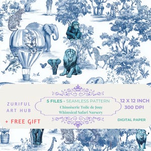 Chinoiserie Toile de Jouy Seamless Pattern Safari Inspired Vintage Nursery Decor, , Safari Nature inspired Digital paper, Fabric, POD
