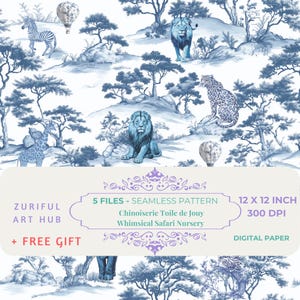 Blue And White Chinoiserie Toile de Jouy Safari Inspired Seamless Vintage Nursery Digital paper, Nursery Decor, Fabric, POD