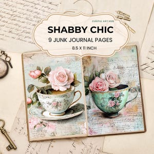 Shabby Chic Junk Journal Digital Paper, Vintage Floral Ephemera Printable, Tea Cup Collage Sheets, DIY Scrapbook Pages, Free Bonus Pages