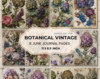 Vintage Botanical Junk Journal Pages, Antique Floral Ephemera Printable, Nature Scrapbook Paper, Garden Notebook, Download, 11 by 8.5 inches