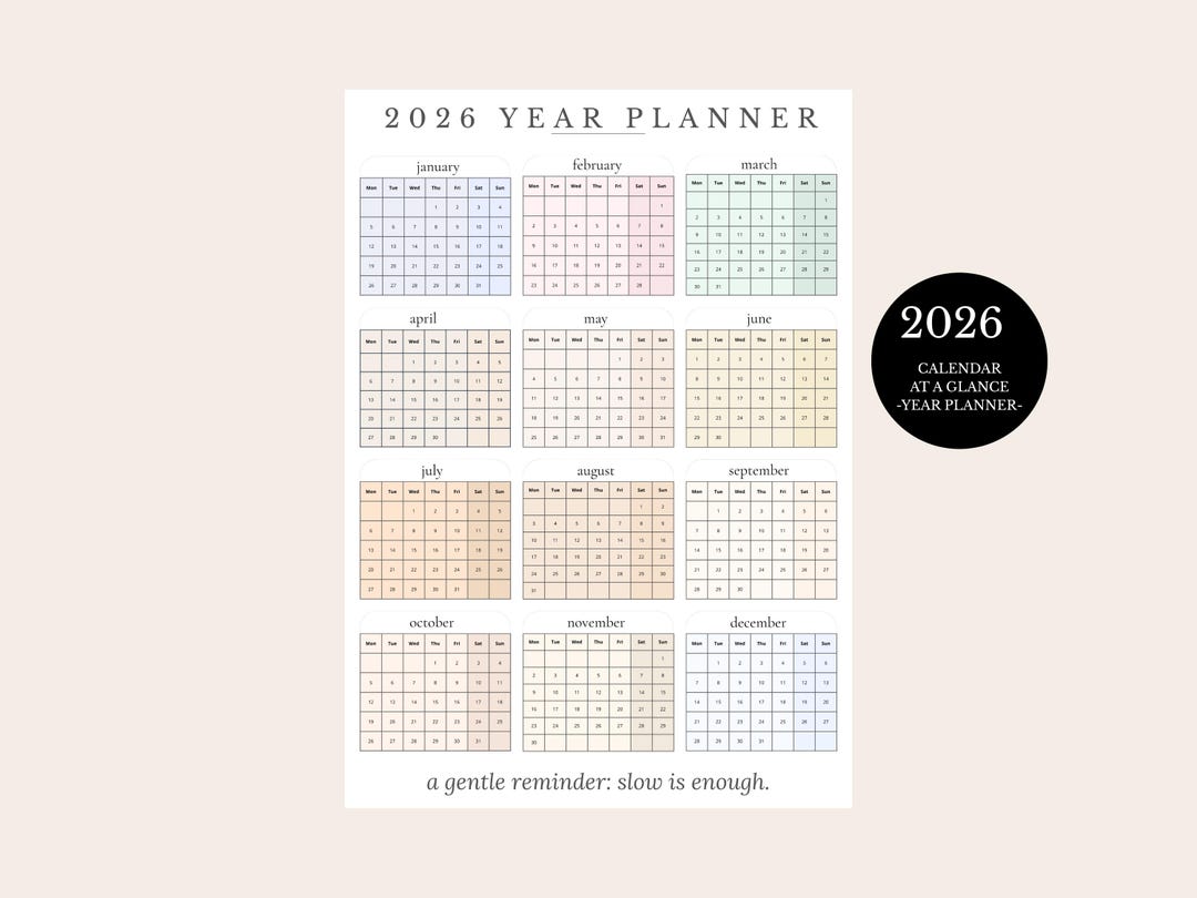 Minimalist 2026 Year Planner | Monday Start Printable Wall Calendar ...